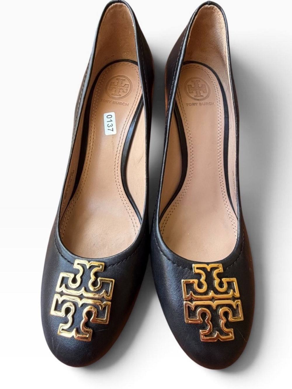 Tory Burch Black Leather Gold Logo Wedge Pumps Size 7M